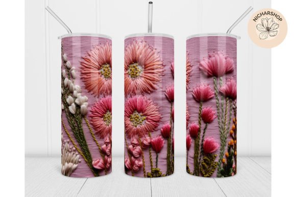 20oz 3D Pink Flower Embroidery Tumbler2
